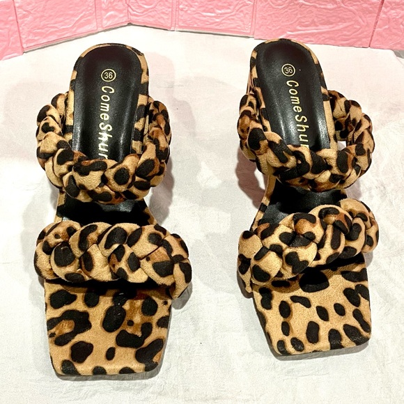 🛍️COMESHUN Womens leopard print heeled open Square Toe slides size5 1/2 (36)NEW - Picture 8 of 9
